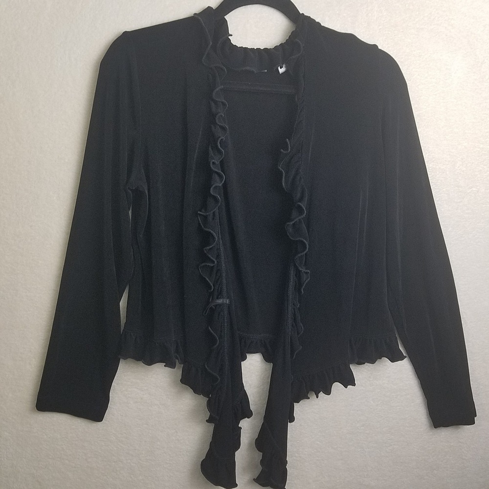 Chicos Travelers Black Velvet Ruffle Open Front Bolero Cardigan Top Womens 2